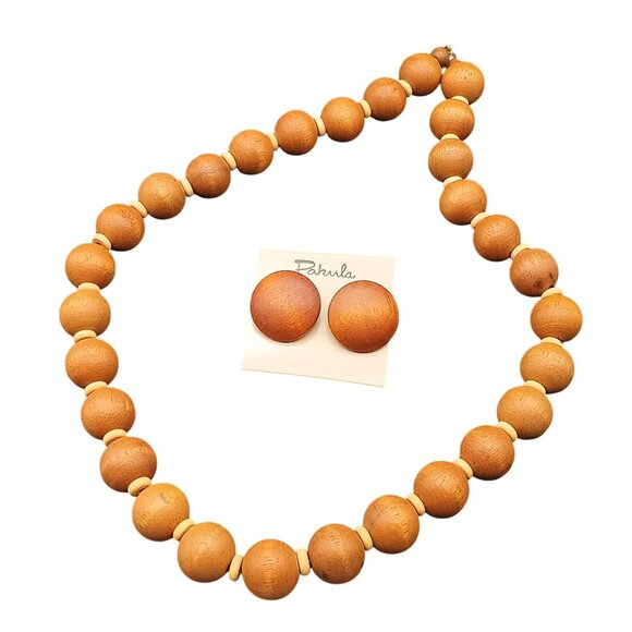 Vintage 1970s Pakula Wooden Beaded Necklace & Stud Earrings Set - Picture 2 of 2
